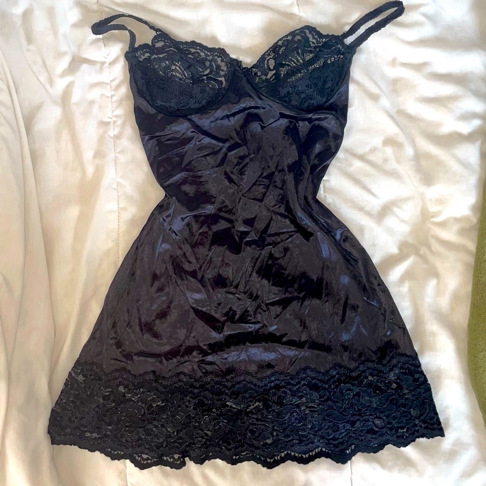 Victoria’s Secret Vintage 80s Black Satin Bustier Slip